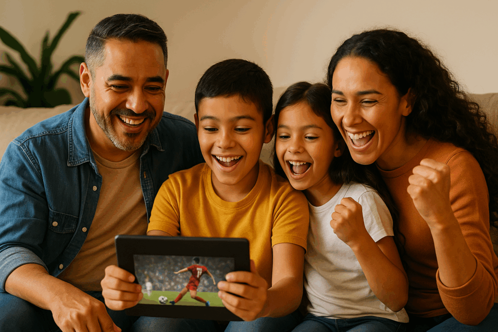 Hispanic family streaming sports together, showing media impact on sports engagement