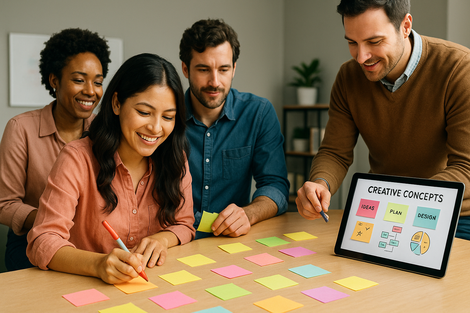 Diverse team using Wombat Framework: sketching bold ideas on sticky notes around a table