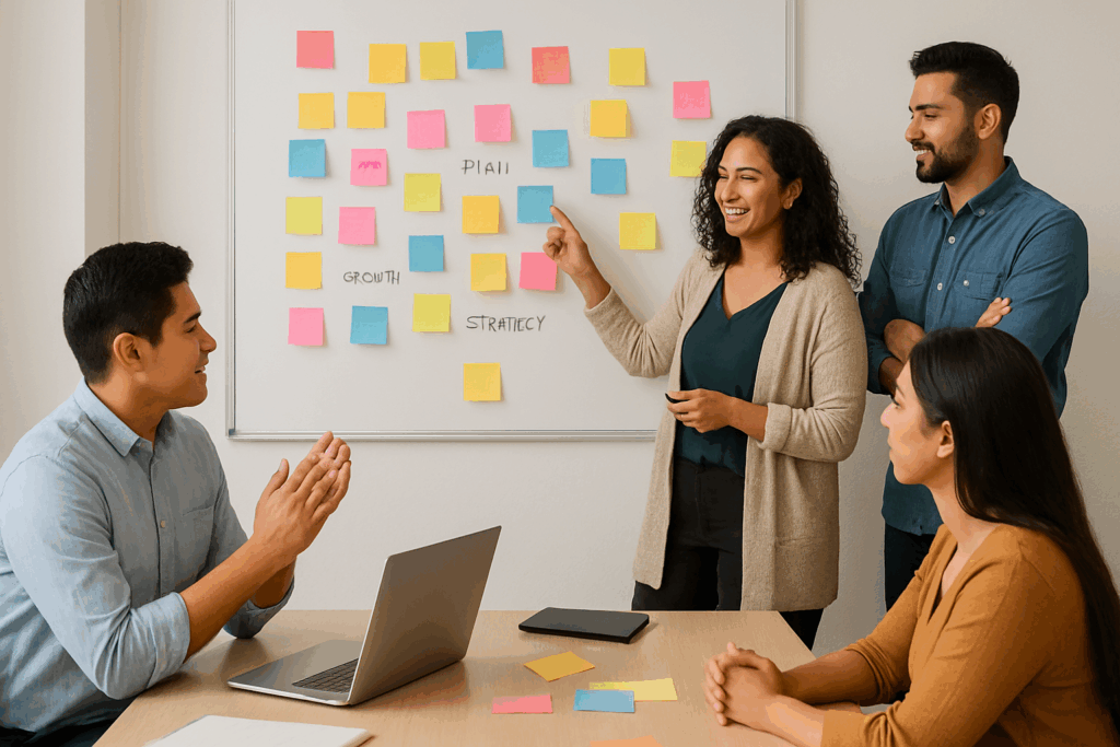 Hispanic team brainstorming around a whiteboard with sticky notes during a structured business meeting