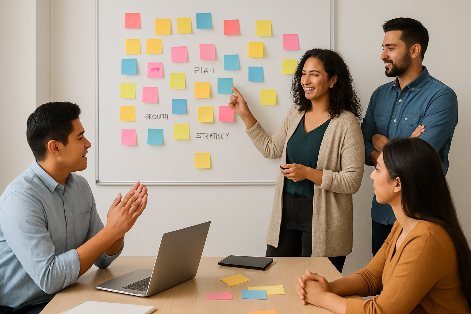 Hispanic team brainstorming around a whiteboard with sticky notes during a structured business meeting