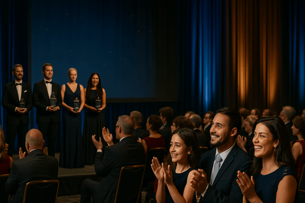 ispanic family applauding during 2025 Gala Awards sponsorship with business logo on stage.”