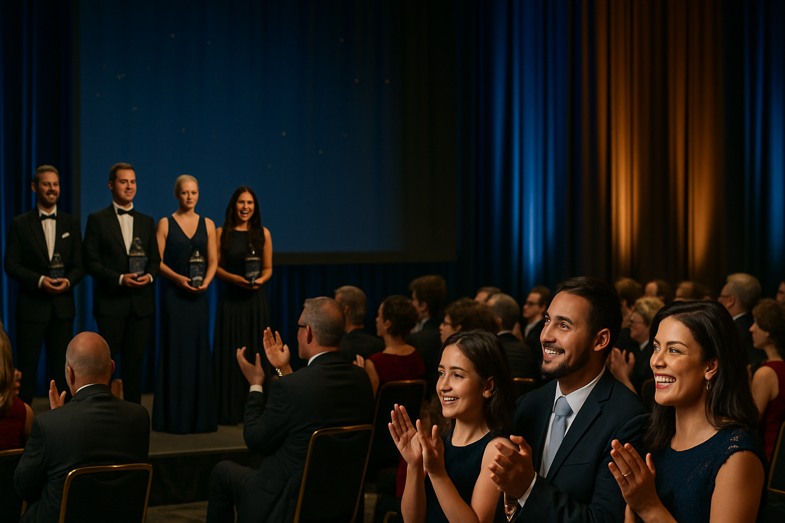 ispanic family applauding during 2025 Gala Awards sponsorship with business logo on stage.”