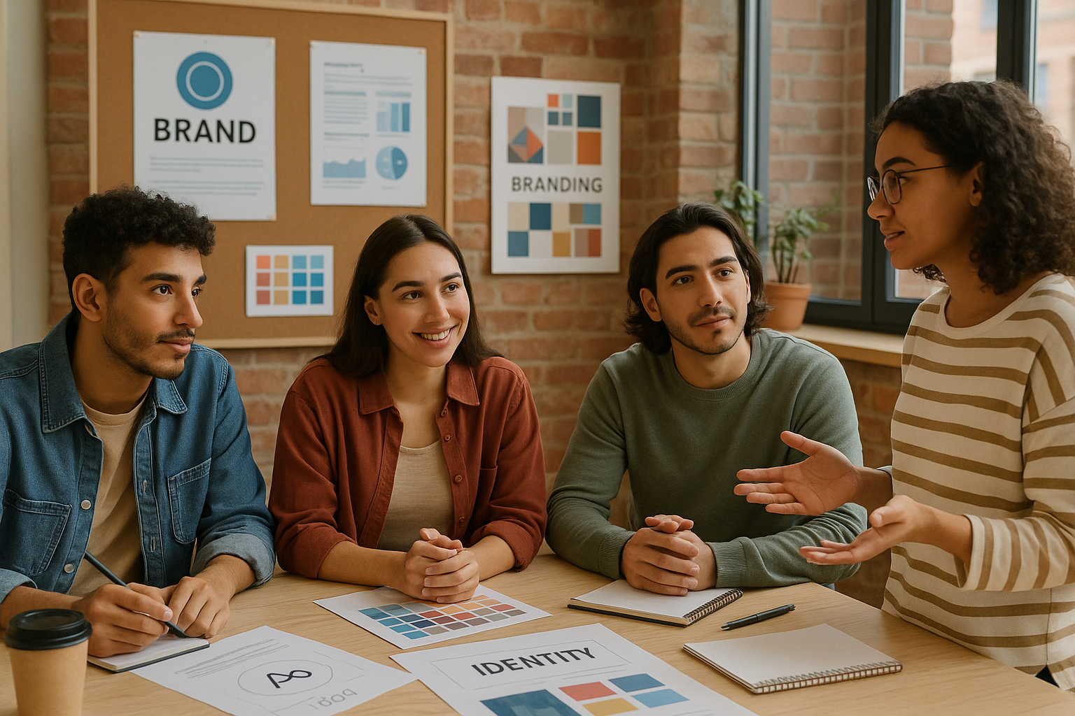 Young Hispanic marketers discussing brand identity and strategy – brand marketing